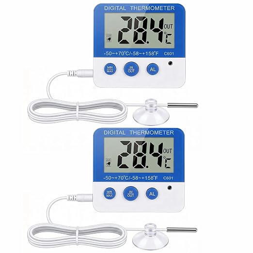 2Packs Fridge Freezer Digital Thermometer with Probe, Accurate Temperature Gauge with Built-in Default Frost Warning, Custom Alarm & Min Max Readings for Wine Cellar Aquarium Incubator Greenhouse (2)