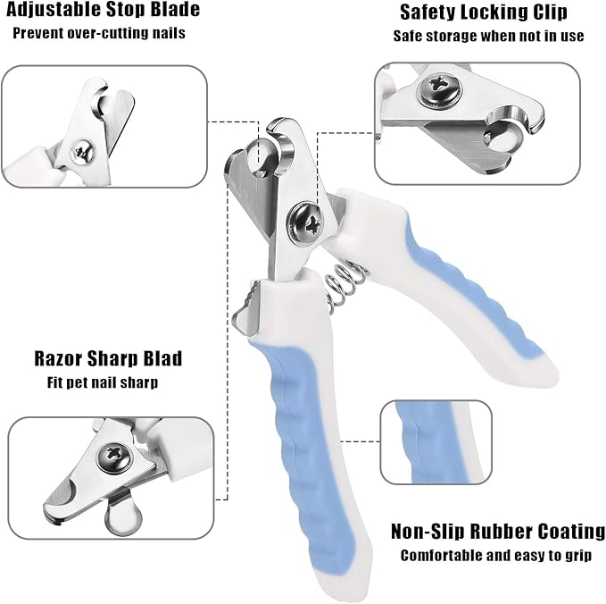 Mudder 4 Pieces Dog Nail Clippers Kit Dog Cat Pets Nail Clippers and Trimmers with Safety Guard to Avoid Over Cutting for Large Small Animals Pet Grooming (Blue and White)