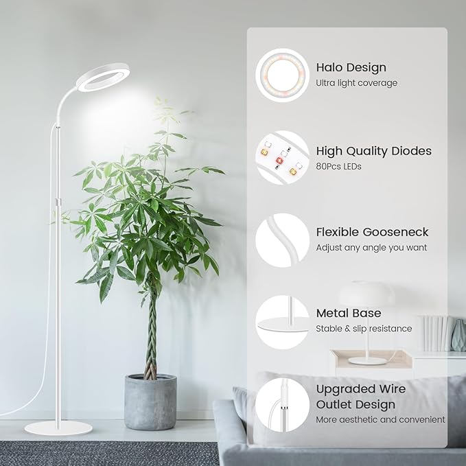 Grow Light, Full Spectrum Plant Lights with Stand, for Large Plants | 6000K 80LEDs Floor Grow Lamp, 3 Color Modes, Timer 6/12/16H, 5 Dimmable Levels, 67'' Adjustable Height, Gooseneck