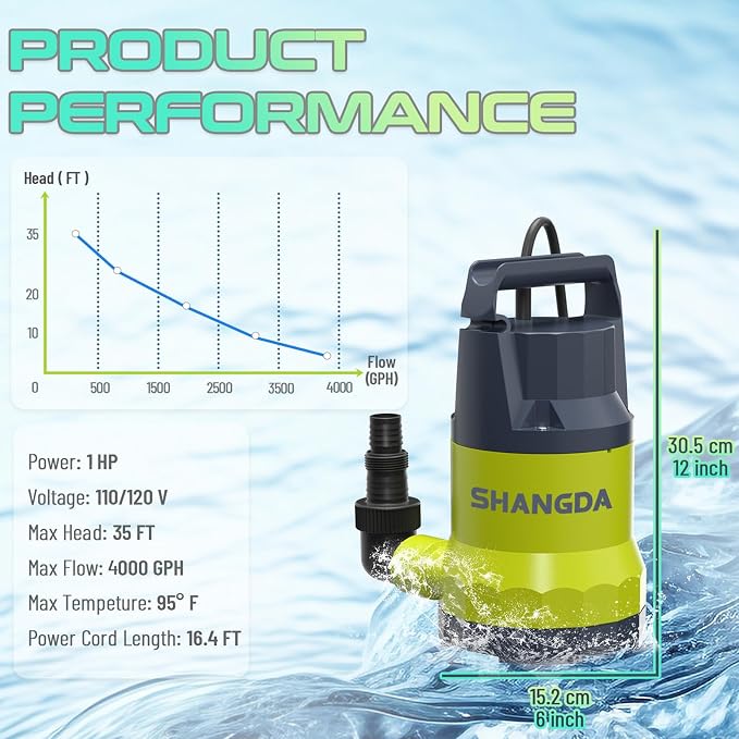 Sump Pump 1HP Submersible Water Pumps 4000GPH Electric Water Pump for Pool Draining Spa Hot Tub, Yellow