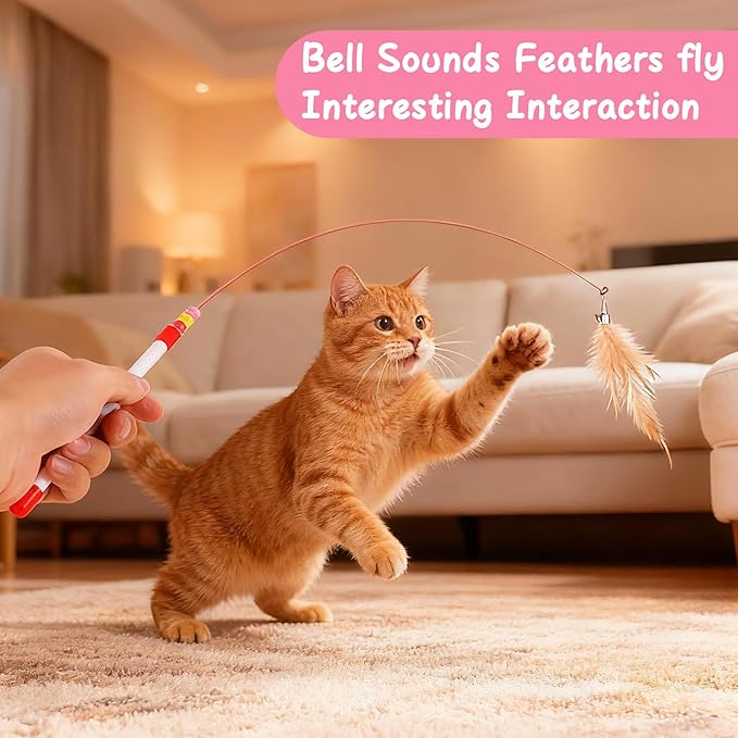 4 Pcs Cat Feather Toys, Cat Feather Wand Toy with Bell Beads Interactive Cats Toys Wand Teaser Wire Wands for Cats Chase Exercise Play