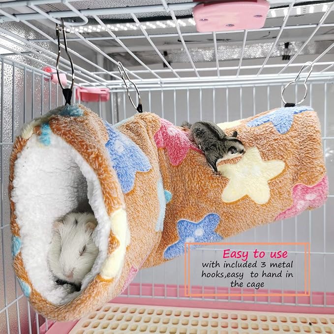 LEFTSTARER Guinea Pig Accessories Sugar Glider Cage Accessories Hamster Rat Toys Ferret Hammock Hanging Tunnel for Small Animals （Brown-Star）