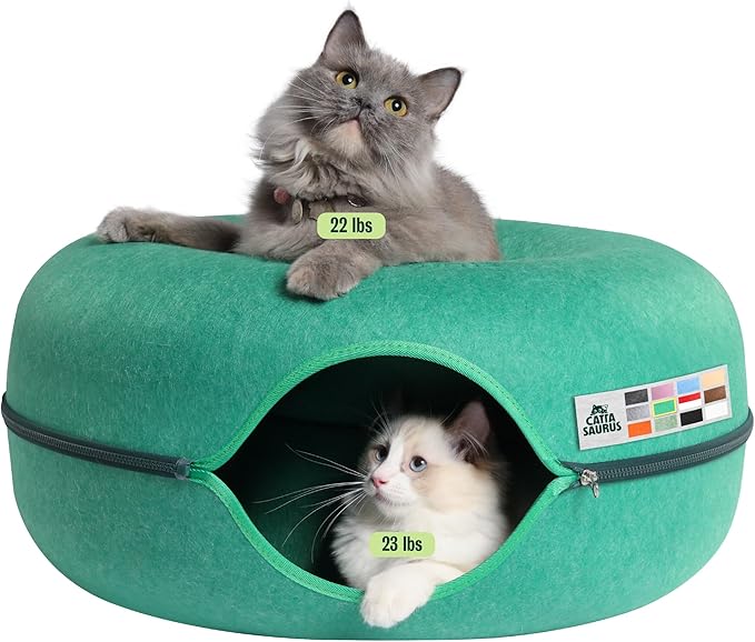 Cattasaurus Peekaboo Cat Cave Donut for Multiple & Large Cats up to 30-45 lbs, 3-in-1 Self Warming Cat Bed, Tunnel & Scratcher for Indoor Cats, Washable & Detachable Dog Bed (Forest Green, Large)