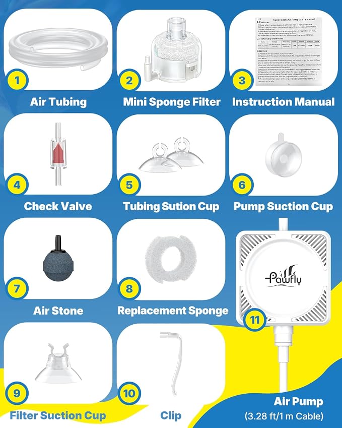 Pawfly 27 L/H Aquarium Air Pump, Compact Air Pump Suitable for 1–15 Gallon Fish Tanks | 1.3W Ultra Quiet Portable Fish Tank Oxygen Aerator Air Pump Kit with Mini Sponge Filter, Air Tubing, Air Stone, Check Valve