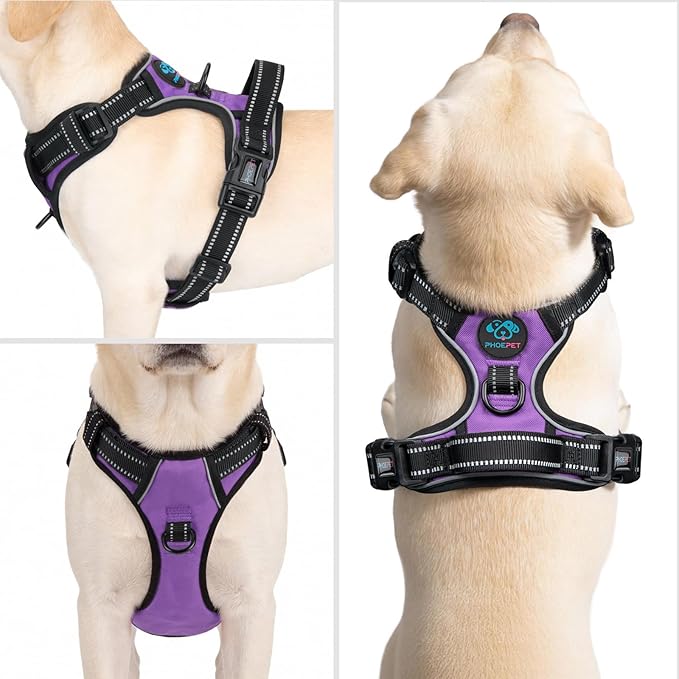 PHOEPET Reflective Dog Harness No Pull Large Breed Vest with 2 Metal Leash Attachment Hooks(XL, Purple)