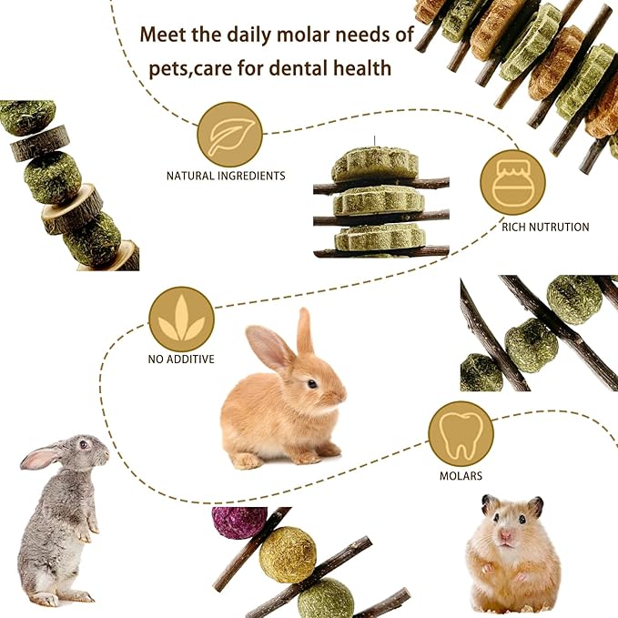 Rabbit Hanging Chew Toys Bunny Chew Toys Natural Apple Wood Branches with Grass Balls Cake Improve Teeth Health Hamster Rabbit Chinchilla Teeth Grinding Treats