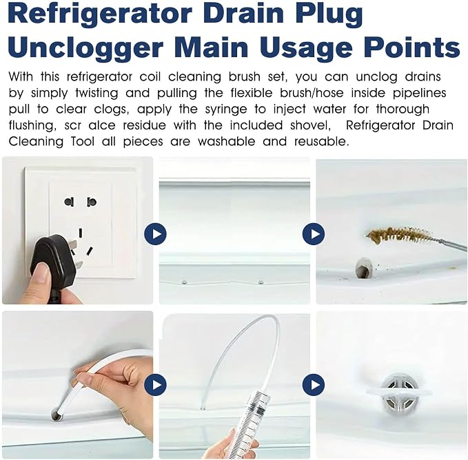 Refrigerator Drain Cleaning Tool -8 PCS Refrigerator Water Line Cleaner Kit | Refrigerator condensate drain cleaning kit, With frozen water line tool and long tube brush fridge drain hole cleaning tool