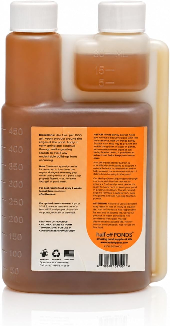 Barley Extract Pond Treatment for Clear Water & Natural Balance, 16 oz | Barley extract formula, helps reduce algae growth, promotes clear water, fish and plant safe, supports balanced pond health