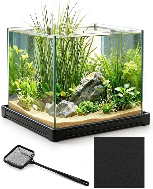7 Gallon Clear Glass Fish Tank, Cube Aquarium Fish Bowl Ultra Clear Rimless Design for Betta Goldfish Snails Shrimp Aquatic Planting
