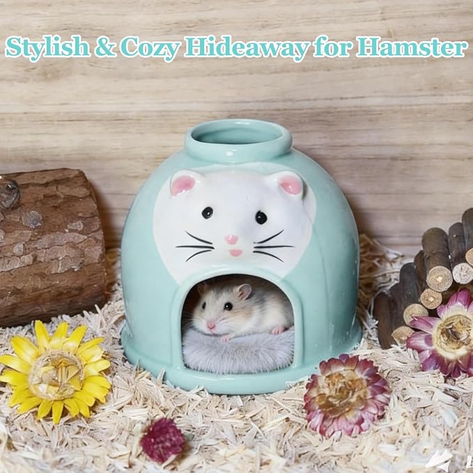 Ceramic Hamster Hideout Syrian Hamster House and Habitat Gerbil Hideaway Cooling Cave for Rat Mice Cage Decor Accessories (Blue)