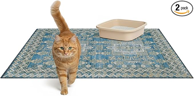 Lovewag Pets Cat Litter Box Mats 2 Pack - Large 36x48 Machine Washable, Easy Clean, Non-Slip, Waterproof Mats for Indoor Cats - Kitty Litter Mess Control & Pet Urine Floor Protection - (Blue Mesa)
