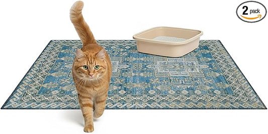 Lovewag Pets Cat Litter Box Mats 2 Pack - Large 36x48 Machine Washable, Easy Clean, Non-Slip, Waterproof Mats for Indoor Cats - Kitty Litter Mess Control & Pet Urine Floor Protection - (Blue Mesa)