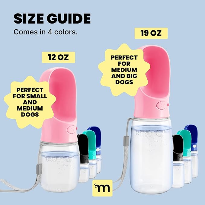 MalsiPree Leak-Proof Portable Dog Water Bottle for Travel - 19 oz, with Pink Bowl - Food Grade Plastic - Dog Bowls - Puppy Essentials - Pet Water Bottle for Trail Hiking, Park Visit & Beach Days