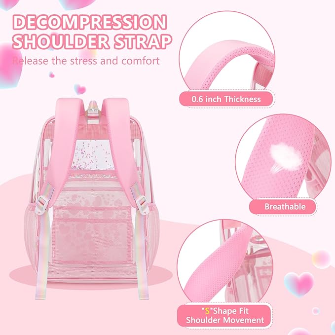 MOONBABY Clear Backpack for School Girls, Heavy Duty TPU Transparent Backpack Stadium Events Approved, Clear Bookbag
