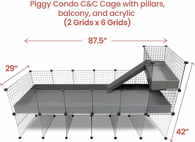 GuineaDad Piggy Condo – Premium C&C Cage with Balcony, Ramp, & Pillars for Guinea Pigs & Small Animals with Coroplast Base | Acrylic and C&C Grids for Small Pets (Acrylic, XXL (29" x 87.5" x 42"))