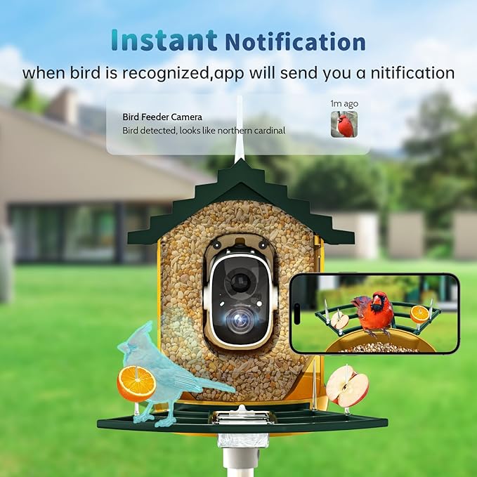 Smart Bird Feeder with Camera Solar Powered & AI Bi rd Identification, 2.4Ghz WiFi Bird feeders for Outdoors, 2K Live Video, Instant Arrival Alerts - Green-Yellow