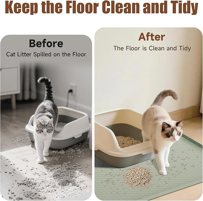 Pawinner Cat Mat for Litter Box, 40" X 28" Large Silicone Cat Litter Trapping Mat, Waterproof Cat Litter Mat, Soft on Kitty Paws, Urine-Proof, Non-Slip Kitty Scratch Pad for Floor(Green)