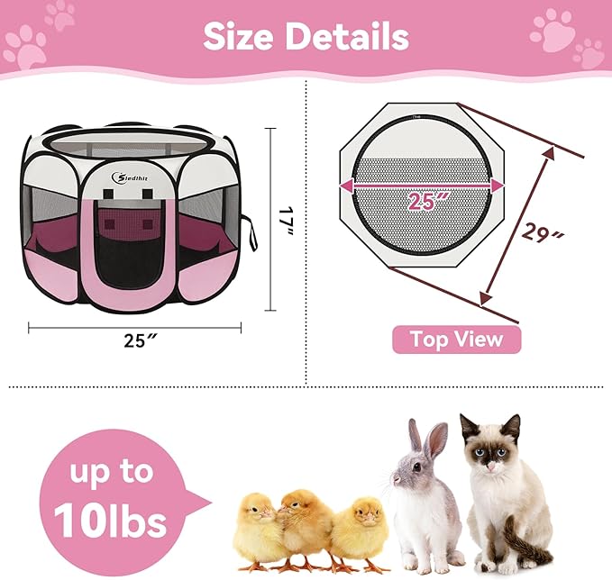 Siedihit Pink Dog Cat Playpen, Puppy Pet Playpen Indoor for Small Dog Crate Tent Cage Outdoor, Portable Pop Up Dogs Enclosure Kennel with Carrying Case for Dogs/Cats/Rabbits