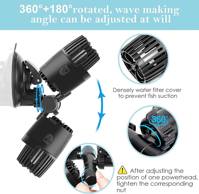 AQQA Aquarium Wave Maker,Suction Cup Fish Tank Double Powerhead Pump | 8W/12W/20W/25W 110V/60Hz Ultra Quiet Submersible Circulation Pump,360°+180°Adjustable For Freshwater Saltwater (20W 4227GPH)