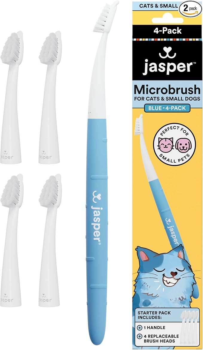 Jasper Microbrush Vet Approved Cat Toothbrush, Soft-Bristled Toothbrush Kit for Felines & Small Dogs, Non-Slip Handle, Tooth Brush Heads, Use with Cat Toothpaste, 4-Pack Blue