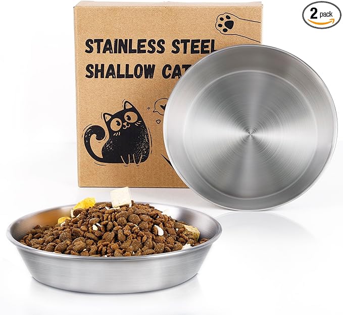2-Pack Stainless Steel Cat Food Bowls, Shallow Whisker-Friendly Non-Slip Silicone Base Metal Dishes, Easy to Clean Indoor Water Flat Plates for Cat, Kitten, Small Dog (5.9")
