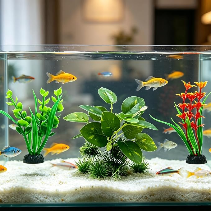 6PCS Silk Aquarium Plants, Underwater Decor Set for Fish Tanks, Silk Plants for Fish Tank, Goldfish, and Shrimp Habitats, Silk Plant Collection with Driftwood and Leaf Varieties