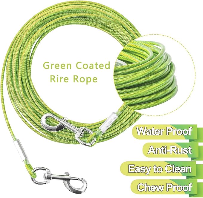Tie Out Cable for Dogs,10/20/30/50/100FT Dog Leads for Yard Chew Proof,Heavy Duty Tie Out Cable for Large Dogs Up to 125lbs,Dog Runner Tether (Green, 125Ibs 20ft)