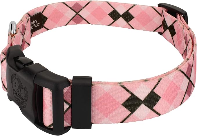 Country Brook Petz - Pink and Brown Argyle Everyday Dog Collar and Leash Limited Edition - Plaid and Argyle Collection Featuring Charming Designs (1/2 Inch, Extra Small)