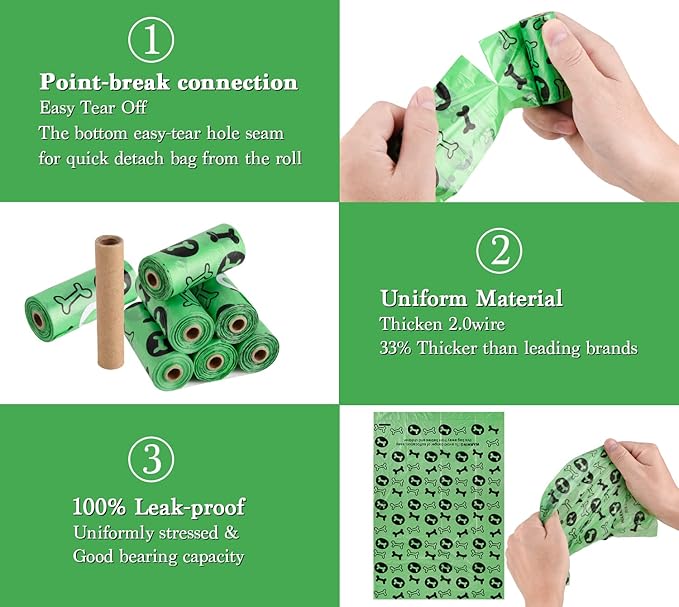 WDFAACK Biodegradable Dog Poo Bags with Holder-240 Large Poop Bags, Corn Starch Blended Compostable Poo Bag, Extra Thick Strong Leak Proof Poop Waste Bag for Dogs (Green)