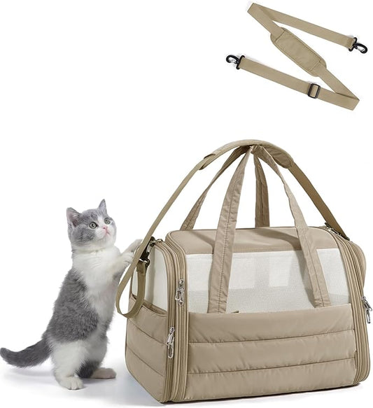 BAGSMART Cat Carrier: Soft-Sided Pet Carrier for Small Medium Cats Dogs Puppy Quilted Collapsible Puffy Travel Bag Up to 20 Lbs Brown