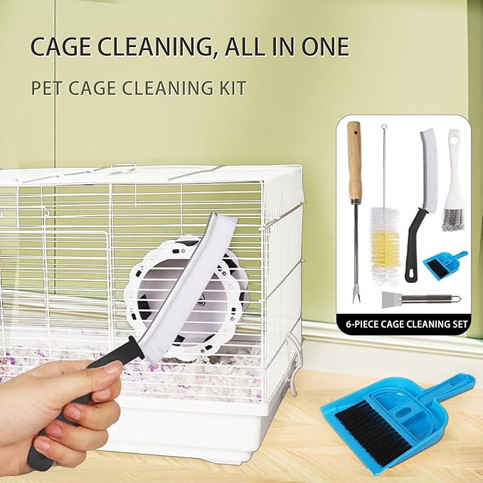 6PCS Small Animal Cage Care Kit - Stainless Steel Grooming Tools for Birds/Parakeets, Hamsters & Sugar Gliders - Includes Waste Remover, Brushes & Dustpan (Fits Wire & Plastic Cages)
