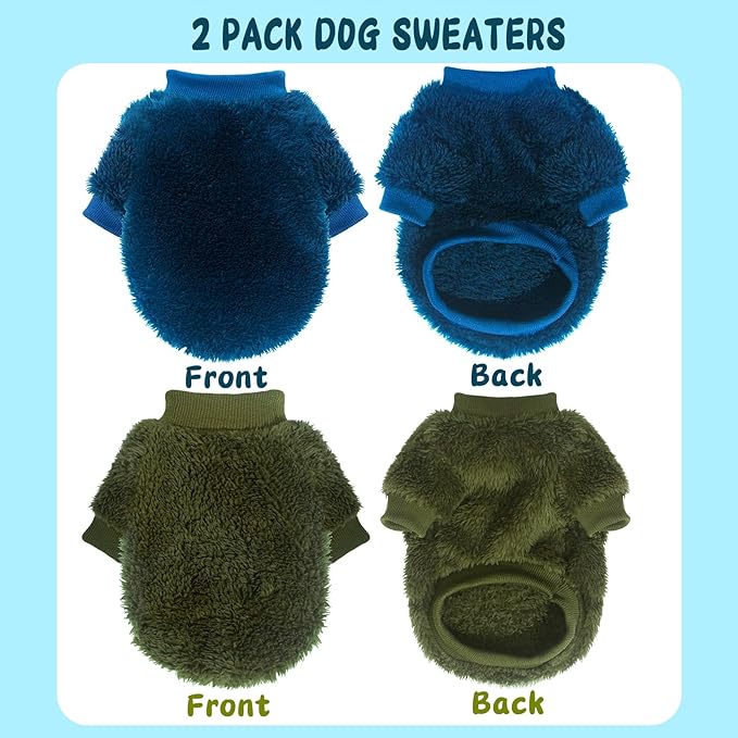 2 Pieces Dog Sweaters for Fall Winter - Warm Puppy Clothes, Fleece Chihuahua Sweater, Cute Small Dog Cat Clothes for Boys Girls - Blue, Dark Green, XS