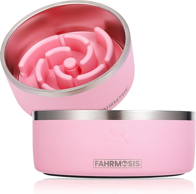 FAHRMOSIS 32 Oz Dog Bowl with Slow Feeder Insert Stainless Steel Pet Water Bowl for Medium & Large Breed Non Slip Rubber Base & Plastic Puzzle Feeder - Pink