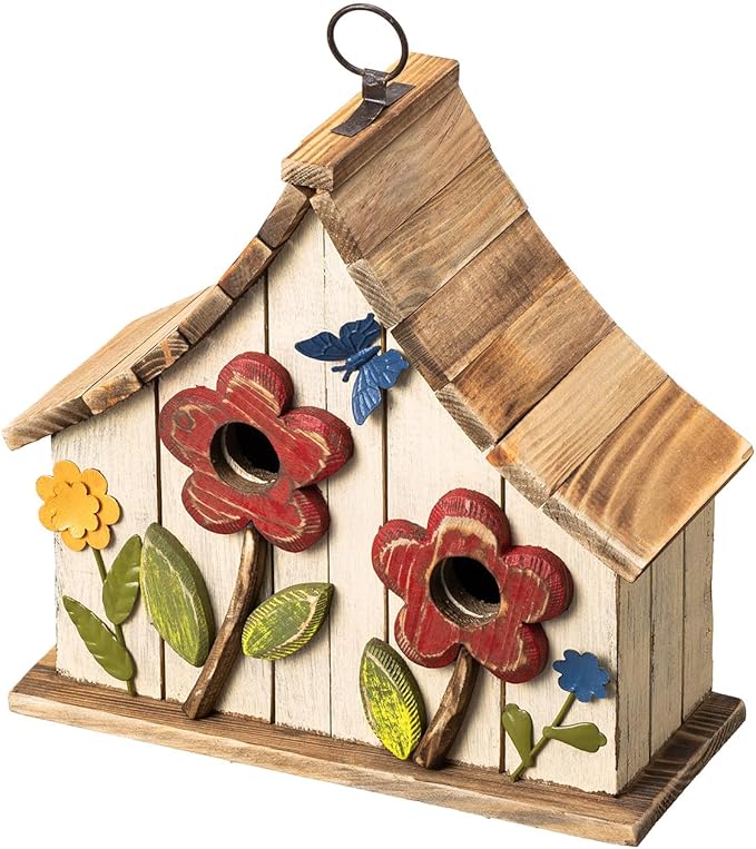 Glitzhome Bird Houses for Outside, 10.75" L Distressed Solid Wood Hanging Birdhouse with 3D Flowers Rustic Two-Story Townhouse Hand-Painted Garden Bird Houses for Outdoors,Washed White