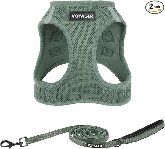 Best Pet Supplies Voyager Step-in Air All Weather Mesh Harness and Reflective Dog 5ft Leash Combo with Neoprene Handle, for Small, Medium and Large Breed Puppies - Moss Green, XXS