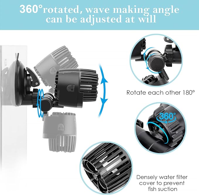 AQQA Aquarium Wave Maker,Suction Cup Fish Tank Double Powerhead Pump | 8W/12W/20W/25W 110V/60Hz Ultra Quiet Submersible Circulation Pump,360°+180°Adjustable For Freshwater Saltwater (12W)