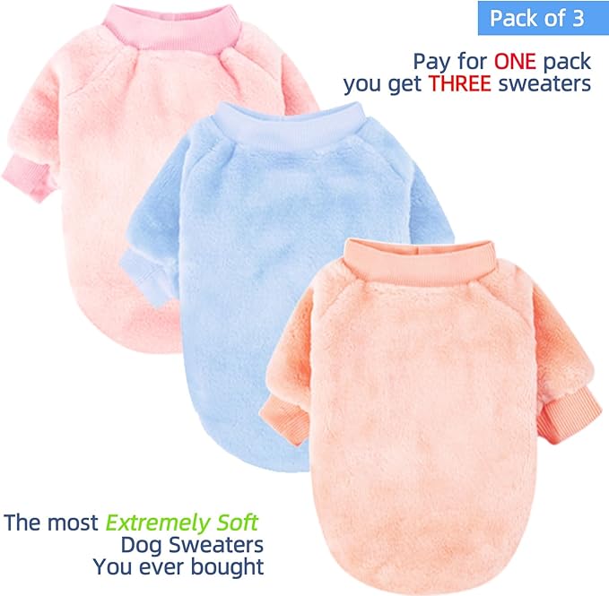 FabriCastle Small Dog Sweaters, 3-Pack Dog Clothes for Small Dogs Girl & Cats, Soft and Warm Pet Coats XXS - XXL, Winter Pet Jackets, Doggy Apparel Costumes (Ballet Pink,SkyBlue,Peach, X-Large)