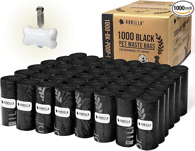GORILLA SUPPLY Dog Poop Waste Bags with Dispenser and Leash Tie, 9" x 13", Black, 1000 Count