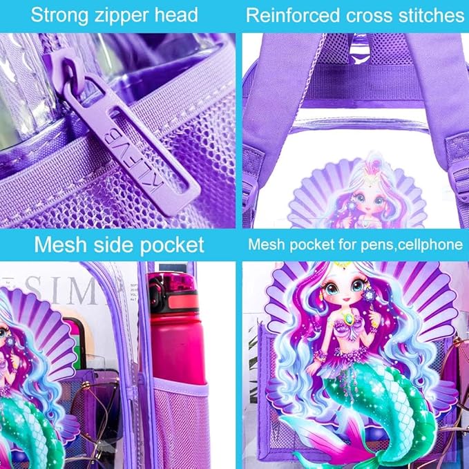AGSDON 3PCS Clear Backpack for Girls, Kids Mermaid Transparent Bookbag Heavy Duty, Cute See Through Backpacks with Lunch Bag - Purple