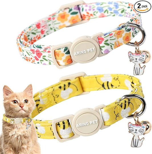 ARING PET 2 Pack Cat Collars-Cute Breakaway Cat Collar with Bell & Pendant, Adjustable Floral&Bees Pattern Kitten Collars with Safety Buckle for Girl and Boy Cats