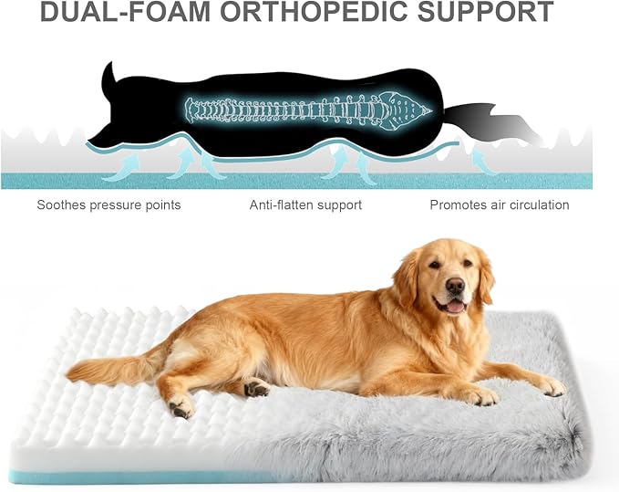 Orthopedic Dog Bed for Large Dogs, Dual-Layer Memory & Egg-Crate Foam, Washable Warm Winter Plush Cover, Waterproof Liner, Non-Slip Bottom, Crate/Kennel Pad, 41 x 27 Inch, Gray