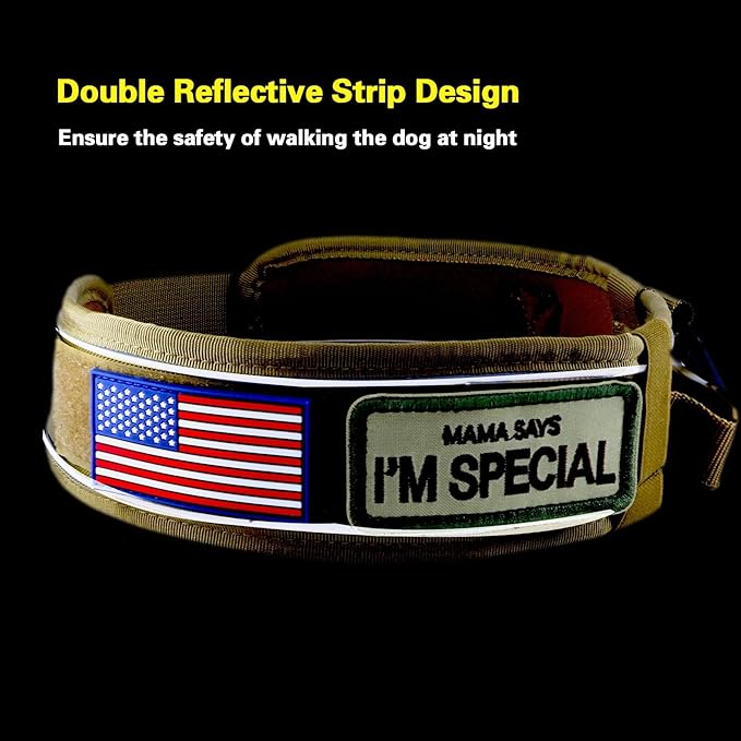 2.5" Tactical Dog Collar for Large Dogs, Adjustable Heavy Duty Military Nylon Dog Collar with Reflective Stitching & Padded Handle for Hiking/Running/Training (Khaki, L,XL)