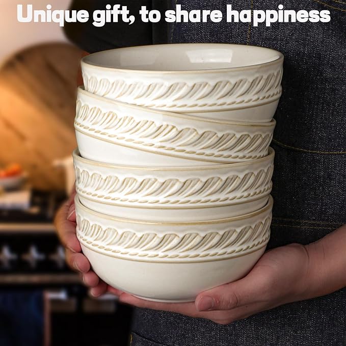 Artena Soup Bowls 32 OZ, Cereal Bowls Set of 4, White Embossment Ceramic Ramen Bowl for Salad, Dinner, Pho, Noodle, Pasta, Snacks, Dishwasher Microwave Safe, 6.3 Inch, Willow Leaf (Pack of 2)