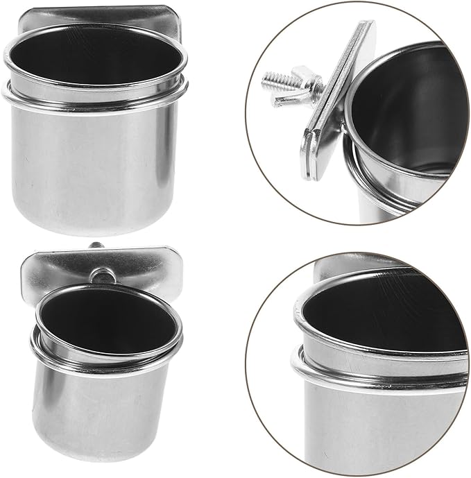 Toyvian 2pcs Stainless Steel Bird Feeding Cage Cups with Clamp Holder, 4.4cm and 5.5cm Parrot Food and Water Bowls for Small Birds Cage Accessories
