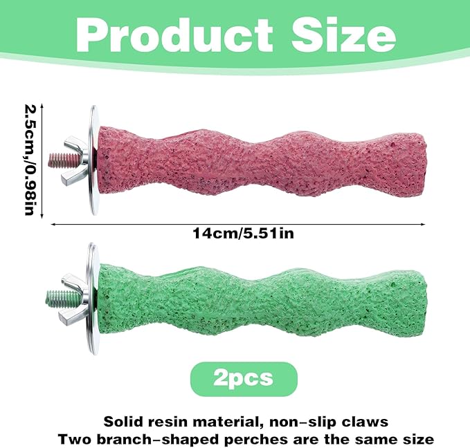 2pcs Bird Beak Grinding Stone, Parrot Stand Nail Trimming Stick Anti-Slip Parakeet Cage Accessories Platform Foot Claws Trimmer Chewing Parrot Toys for Parakeets Cockatiels Hamsters (Pink, Green)