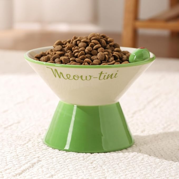 Elevated Cat Bowls Whisker Friendly. Ceramic Raised Whisker Fatigue Cat Bowl for Indoor Cats Protect The Spine and Prevent Vomiting,Meowtini Cat Bowl. KGCCIZI