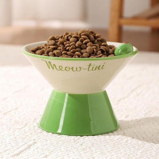 Elevated Cat Bowls Whisker Friendly. Ceramic Raised Whisker Fatigue Cat Bowl for Indoor Cats Protect The Spine and Prevent Vomiting,Meowtini Cat Bowl. KGCCIZI