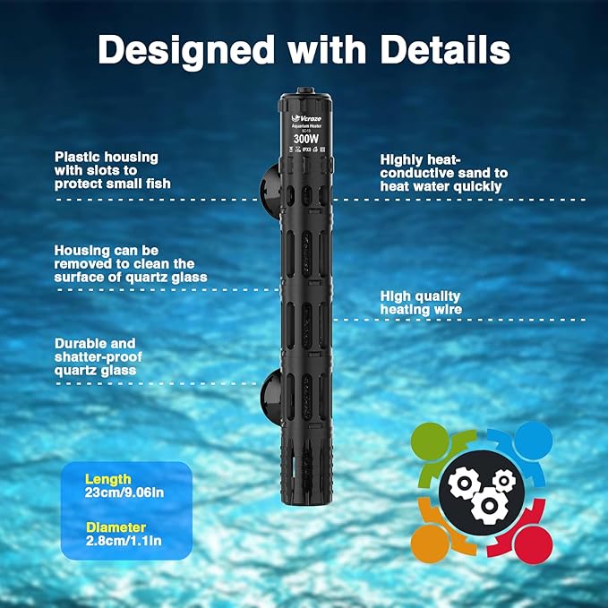Aquarium Heater 300W, Submersible Fish Tank Heater with LED Digital Display, Auto Power-Off When Leaving Water & High Temp Protection, for Fresh and Salt Water Tanks 40-75 Gal