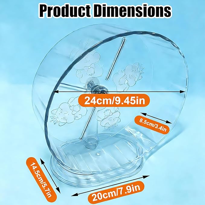 Silent Hamster Running Wheel for Small Animal Exercise Wheels Anti-Skid Adjustable Stand, Hamsters for Gerbils, Cage Mount, Rats, Mouse, Mice, Transparent (9.45inch)
