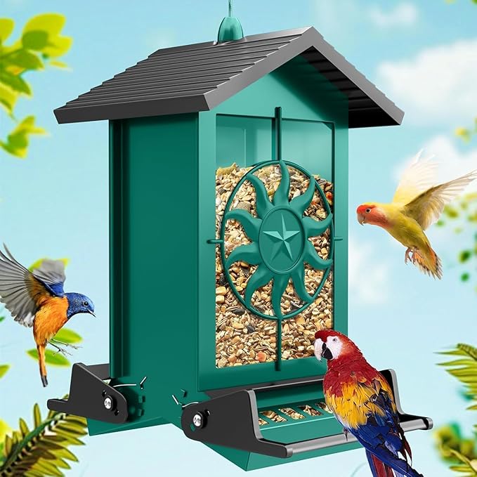Squirrel Proof Bird Feeders for Outdoors with Weight-Activated, 5LB Large Metal Wild Bird Feeders for Cardinals,Blue Jay,Finch, Weatherproof Durable Hanging Bird Feeder for Backyard,Garden (Green)